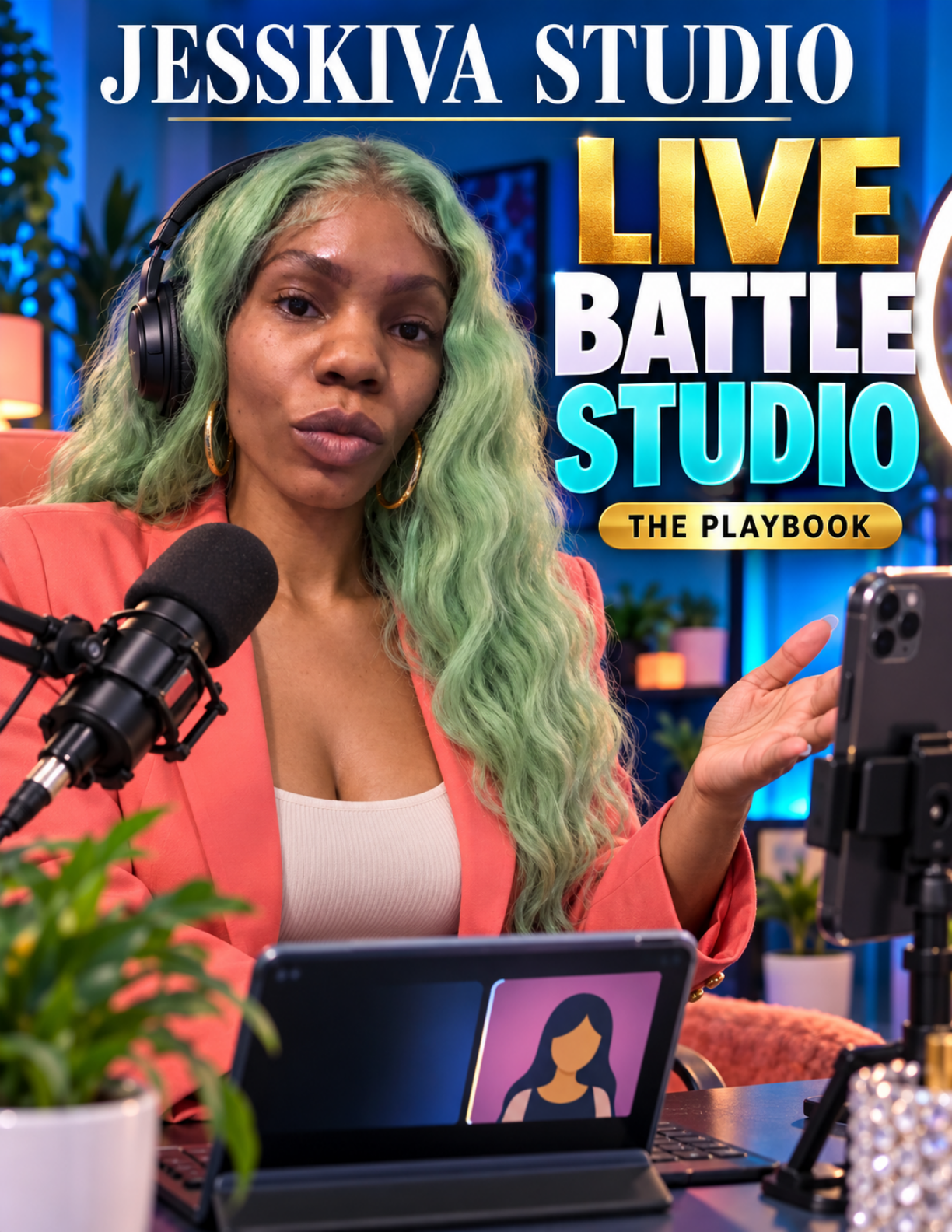 LIVE Battle Studio Playbook cover featuring Jasmine hosting a LIVE in a coral blazer